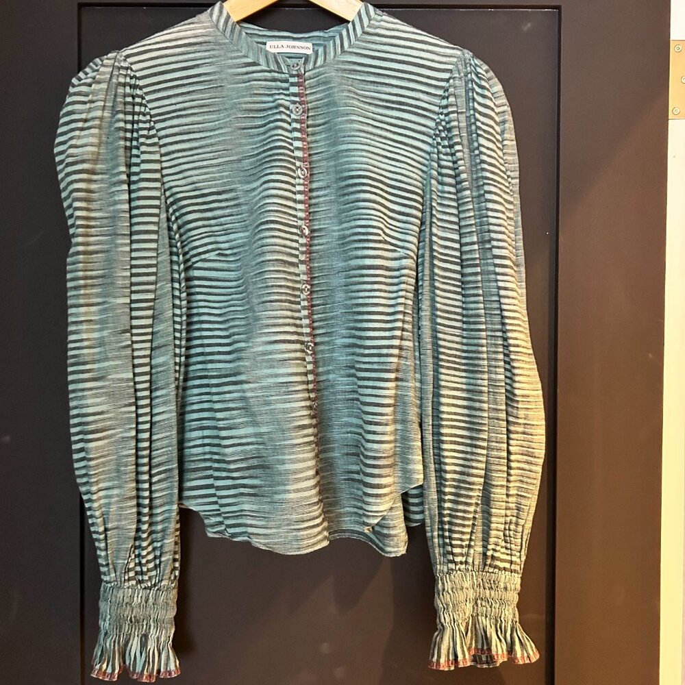 Ulla Johnson Green Striped Cotton Blouse Puff Sleeve Smocked Cuff Size S